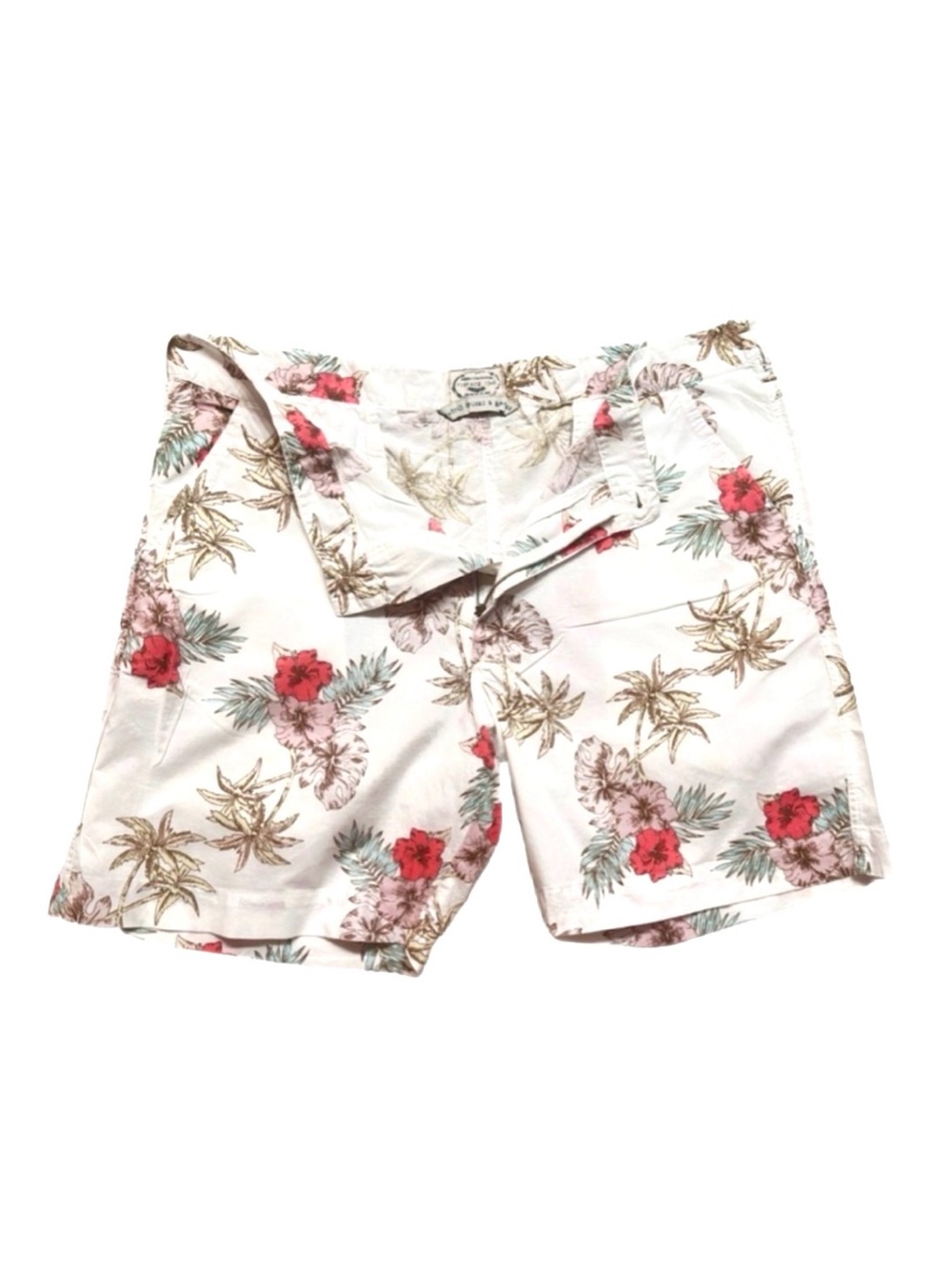 VINTAGE 1946 ~ White Tropical Print Cotton Bermuda Shorts w/Red Green Accents